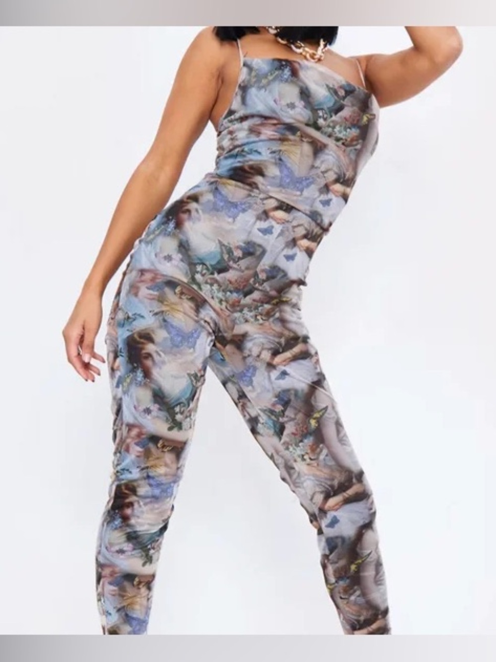 PrettyLittleThing Grey Multi Printed Satin Strappy Jumpsuit